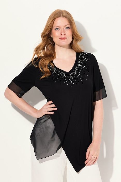 Bluse, Layering-Look, Mesh/Jersey, Zipfelsaum