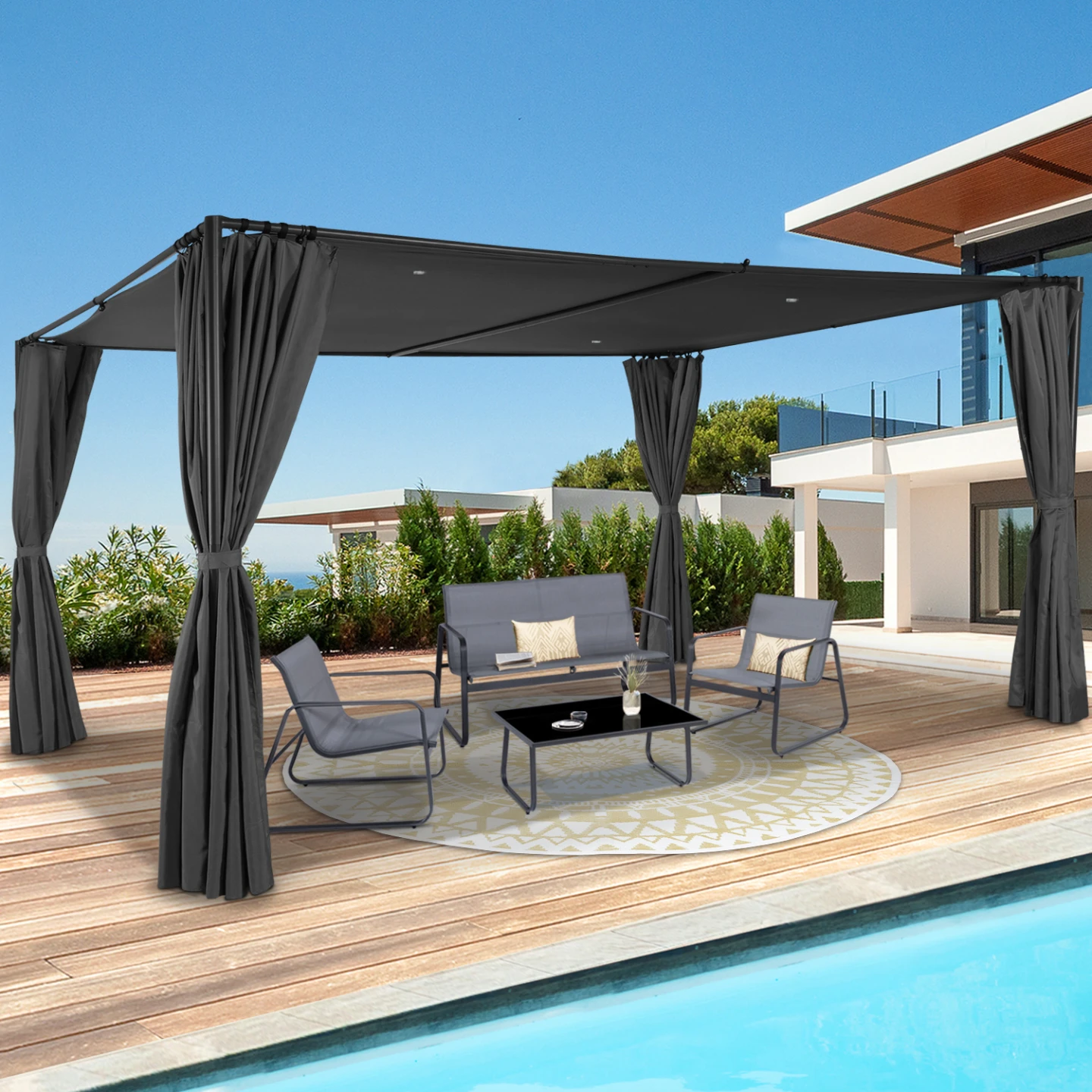 Pergola SAN JOSE 3x4 M tonnelle de jardin avec rideaux toile grise tente de réception