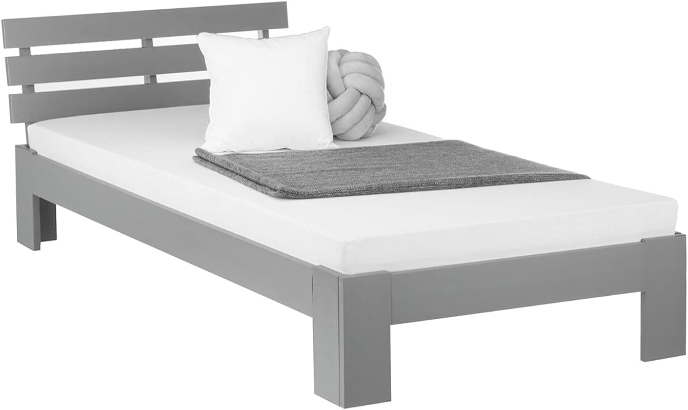 Homestyle4u 2035, Einzelbett Holzbett 90x200 mit Lattenrost Grau Kiefer Jugendbett Bett Bettgestell Massivholz