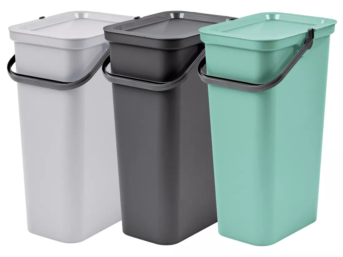 Set de 3 poubelles avec poignée graphite, sauge et blanc 40L