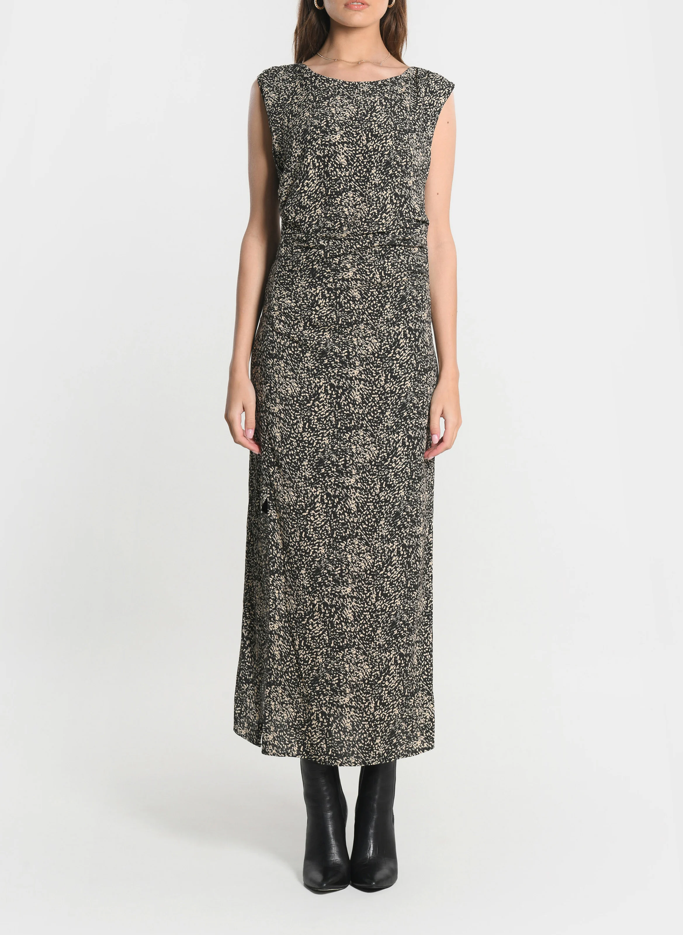 BIANCA - Robe midi col rond imprimée | Noir