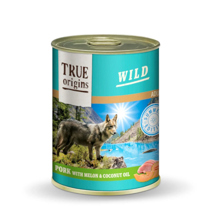 Lata de 400g de carne de porco selvagem de verão True Origins com melão e óleo de coco para cães.