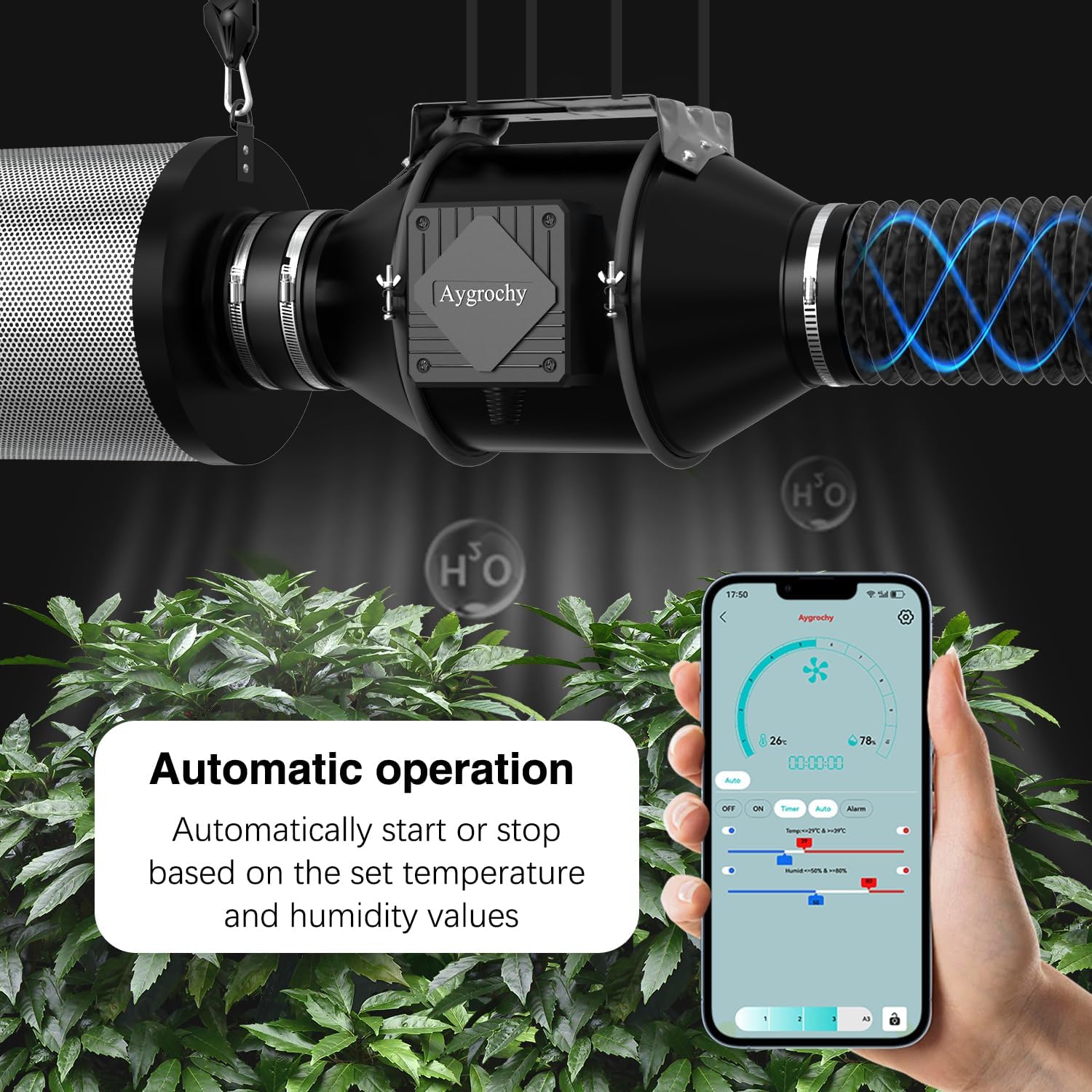 Aygrochy Abluftset 100mm,Rohrventilator mit Temperatur- und Feuchtigkeitsregler, WiFi App Steuerung, Aktivkohlefilter Schlauch Abluft Lüfter, Belüftungssystem Lüftungsset für Growzelt