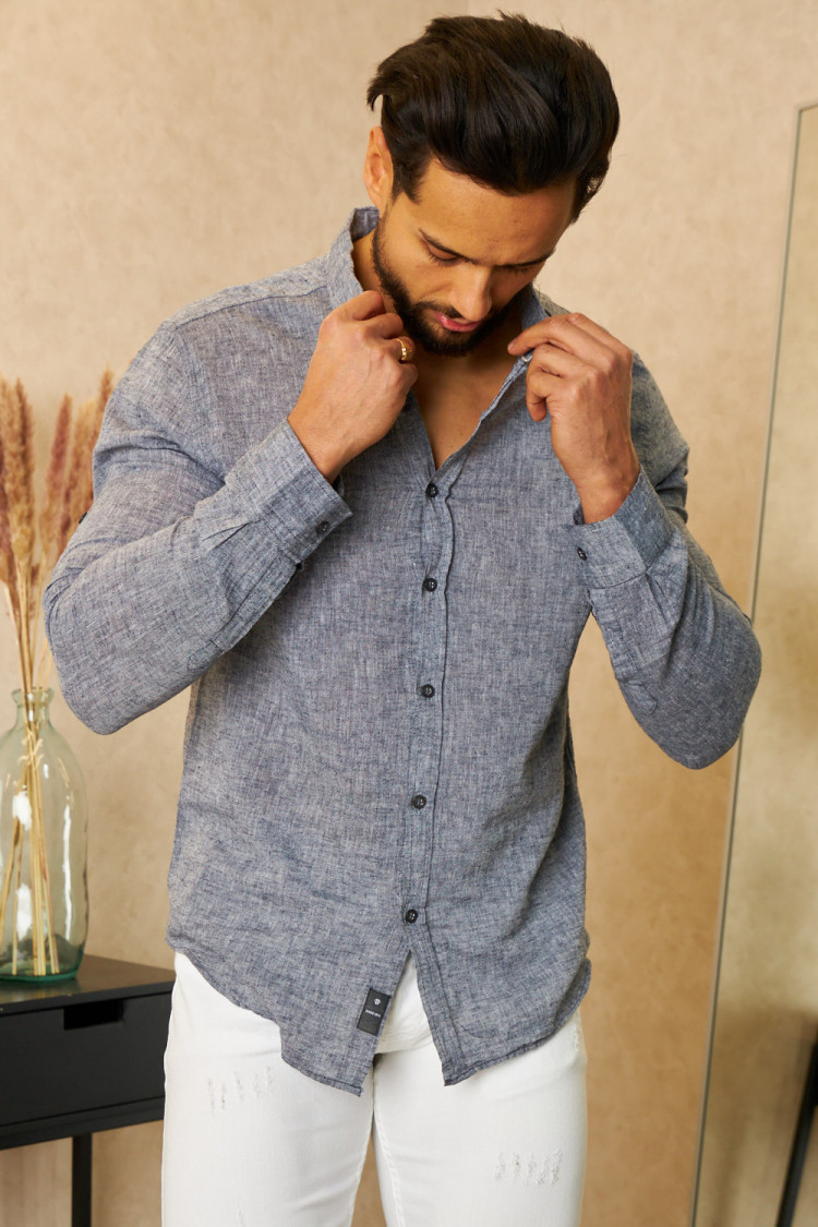 Chemise en lin gris chiné manches longues