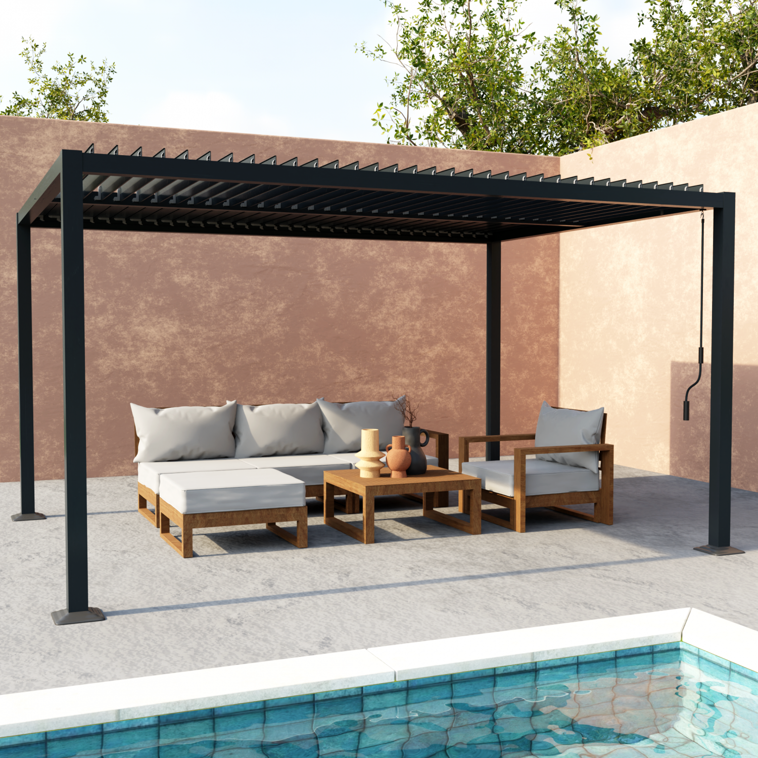 Pergola bioclimatique anthracite. Aluminium et acier. 3x4m. Lames orientables