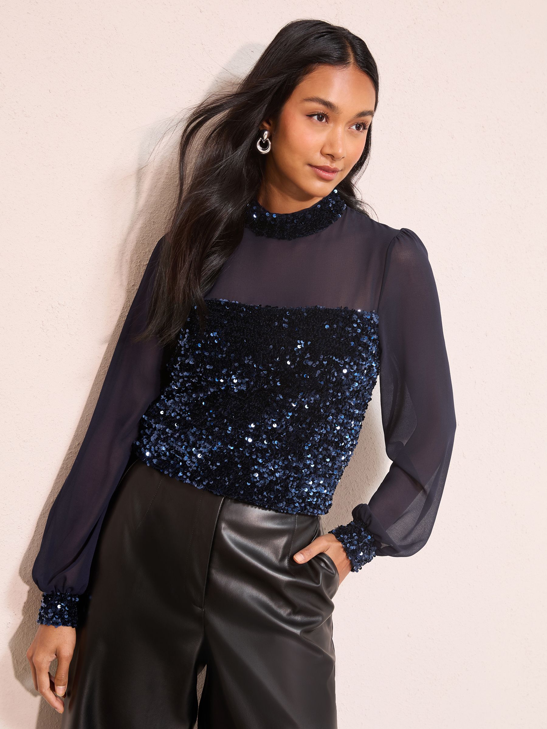 Donkerblauw - Friends Like These Long Sleeve High Neck Sequin Blouse