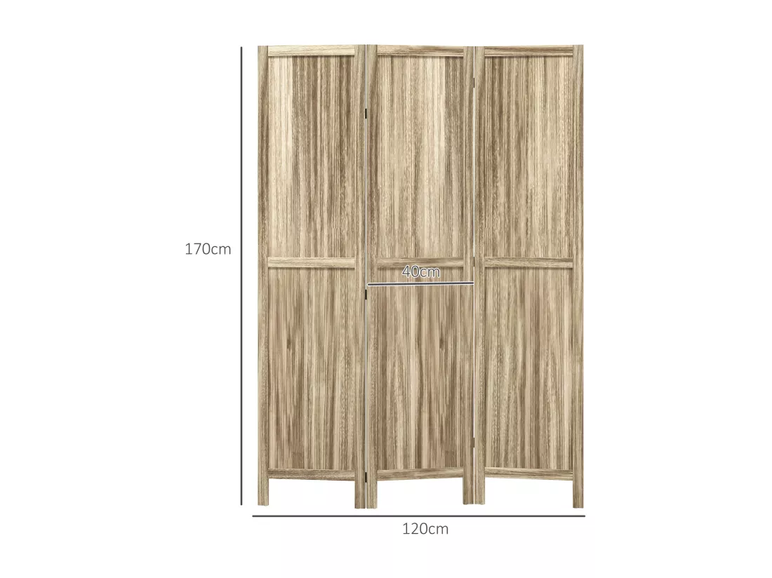 Paravent séparateur de pièce 3 panneaux pliables dim. 120L x 170H cm bois de pawlonia