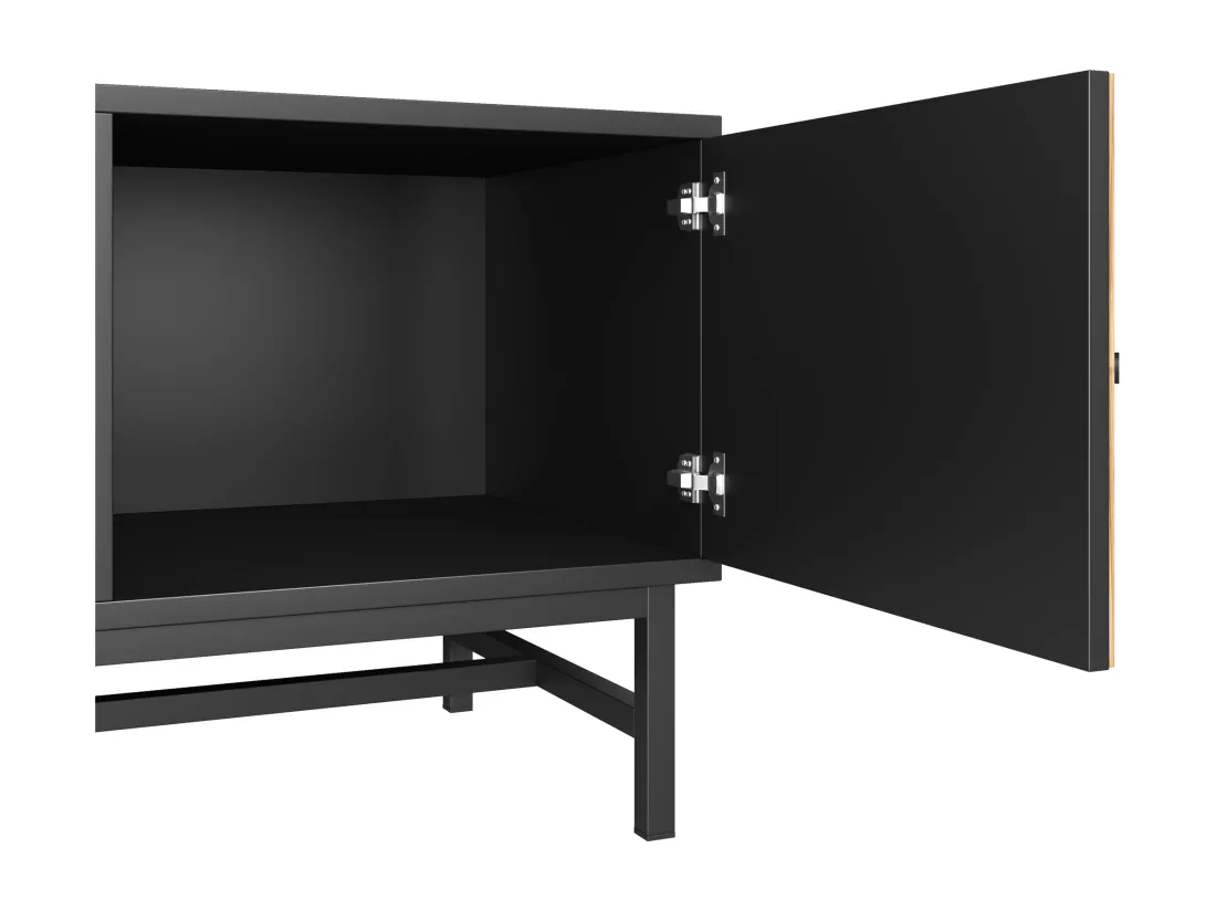 Meuble TV 150x38x55cm - avec étagères et 2 portes - Naturel + Noir