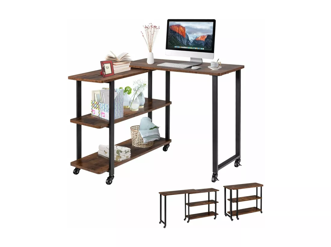 Table Roulante, Bureau d’Angle Mobile avec 3 Étagères, Table d’Appoint Rotative 360°pour Salon, Chambre, Montage Facile, Bureau avec Rangement, Marron Rustqiue 80 x 71,5 x 67cm