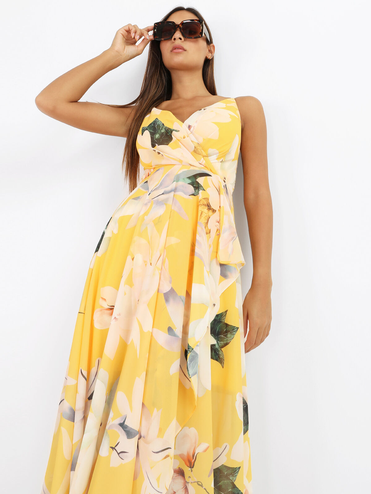 Robe longue fendue asymétrique à fleurs- Jaune