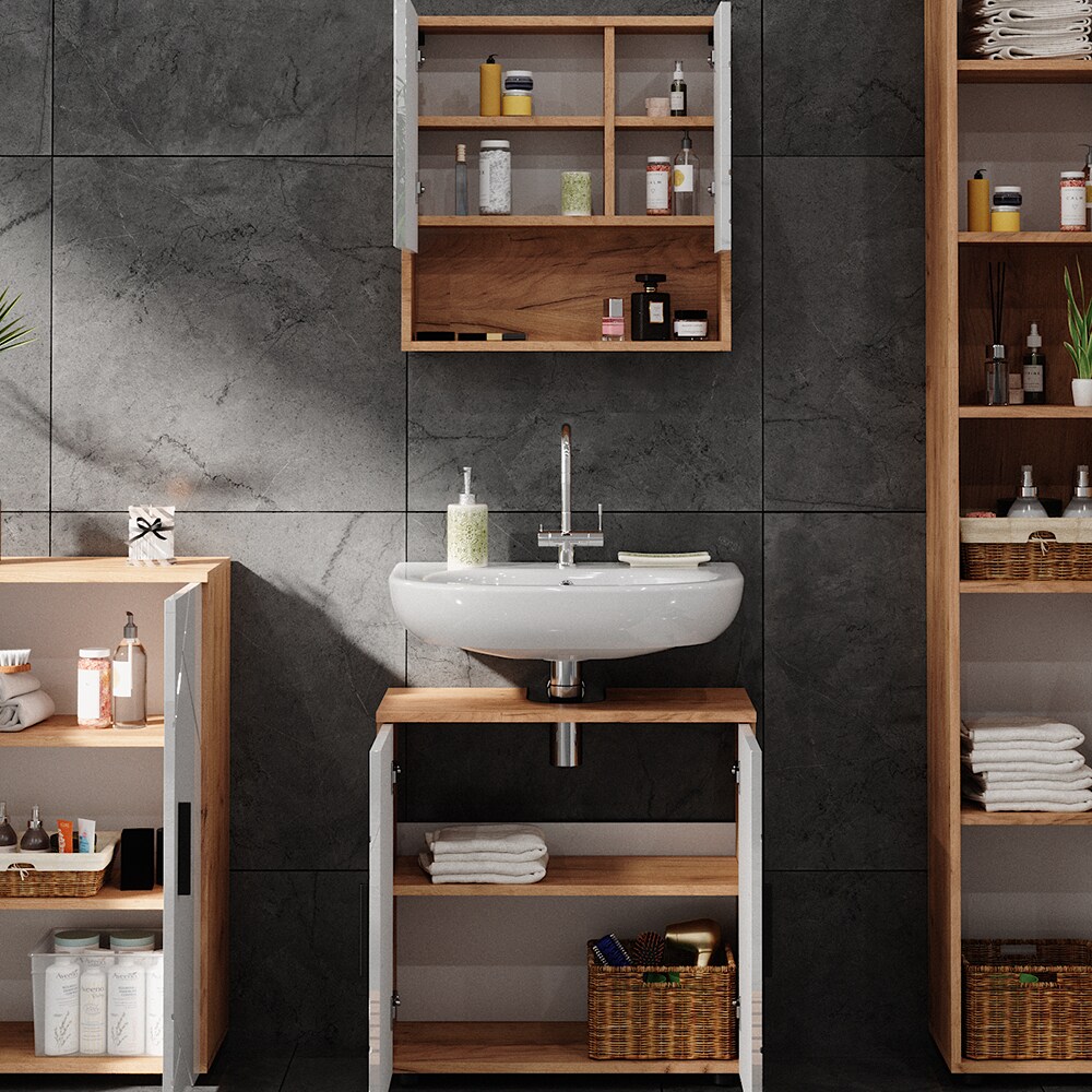 Vicco Badmöbelset Irma Eiche Weiß Hochglanz modern Badezimmerschrank Badschrank Badezimmermöbel Waschtischunterschrank Spiegelschrank Hochschrank Kommode Schranktür Schrankfach