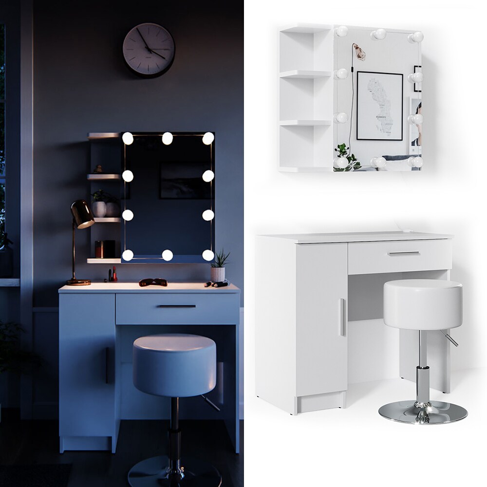 Vicco Schminktisch Fynnia Frisiertisch Kommode Frisierkommode Spiegel Weiß inklusive Hocker und LED-Lichterkette