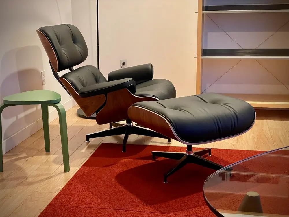 Echtleder-Entspannungssessel mit Fußhocker, moderner Fernsehsessel, drehbarer Chaiselongue mit Ottomane, Fester Neigungswinkel von 105°, einzigartiges Design mit gepolstertem Kissen