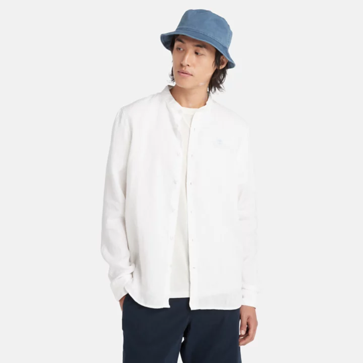 Chemise en lin Mill Brook à col Mao pour homme en blanc