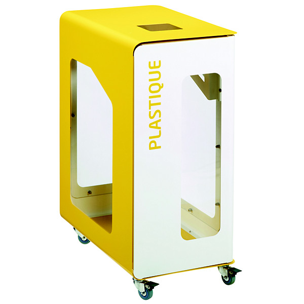 Borne de tri sélectif 90 L support-sac vigi avec roulettes sans serrure - cubatri - tri plastique-blanc+jaune