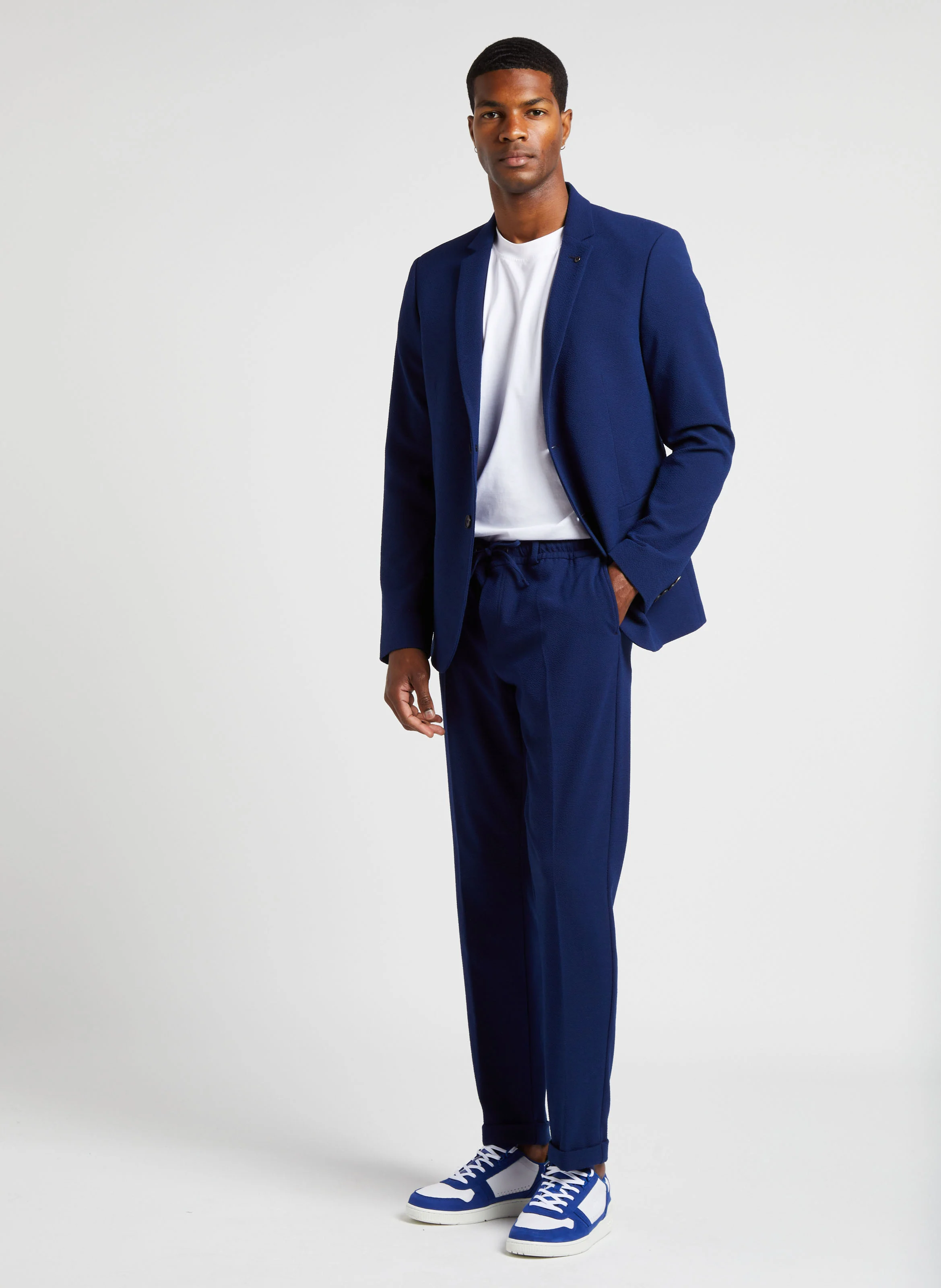 Veste de costume col tailleur texturée| Bleu