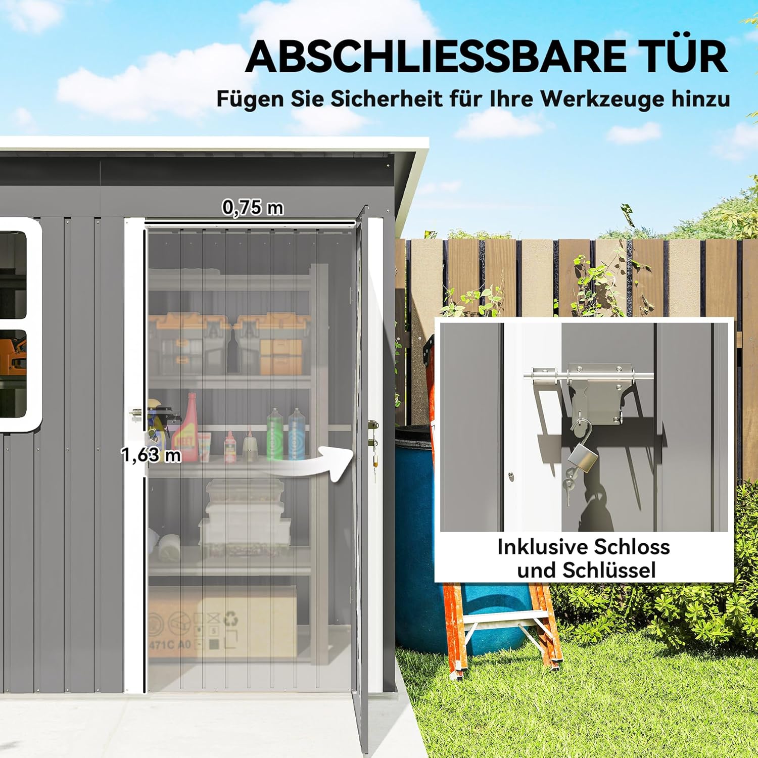 Outsunny Gerätehaus 2,55m², Gartenhaus mit Pultdach, 221 x 133 x 190/173 cm, Geräteschuppen mit Abschließbar Tür, Fenster, Fahrradgarage, Gartenschrank aus Stahl, für Hinterhof, Garten, Dunkelgrau