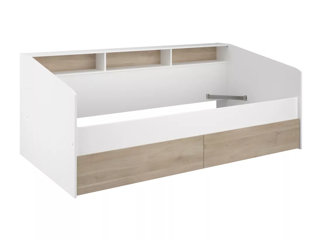Lit 90 x 190/200 cm avec rangements - Blanc et naturel - PAULETTE