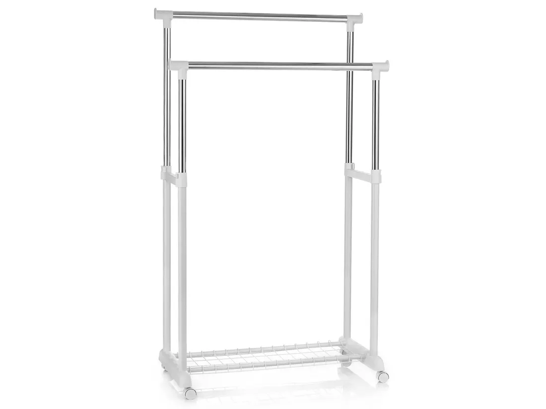 Portant à vêtements GROSSO penderie double sur roulettes vestiaire mobile barres de hauteur réglable et 1 tablette, chromé et blanc