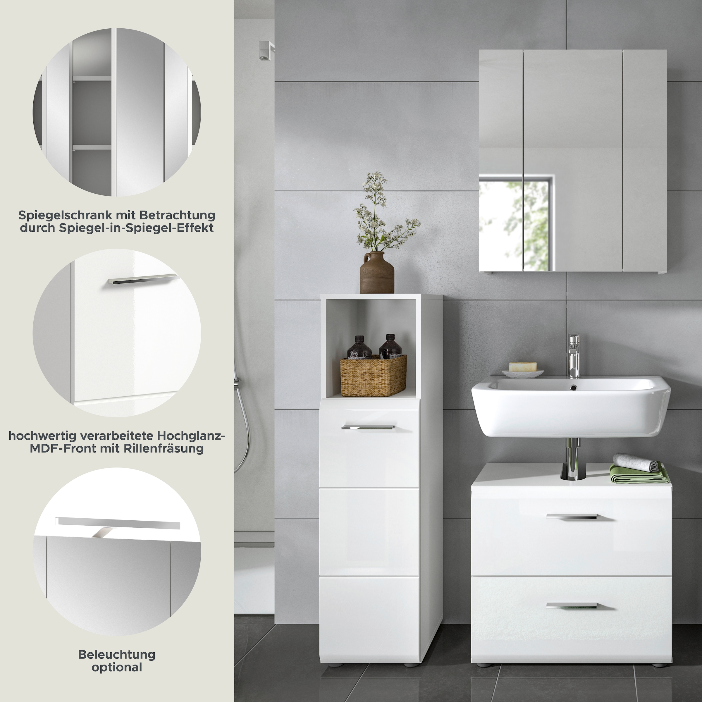 INOSIGN Badmöbel-Set »FLORENZ, TOPSELLER!, 3-teilige Badkombination, hochwertige MDF-Front« best. aus: Midischrank hoch, Waschbeckenunterschrank, Spiegelschrank,