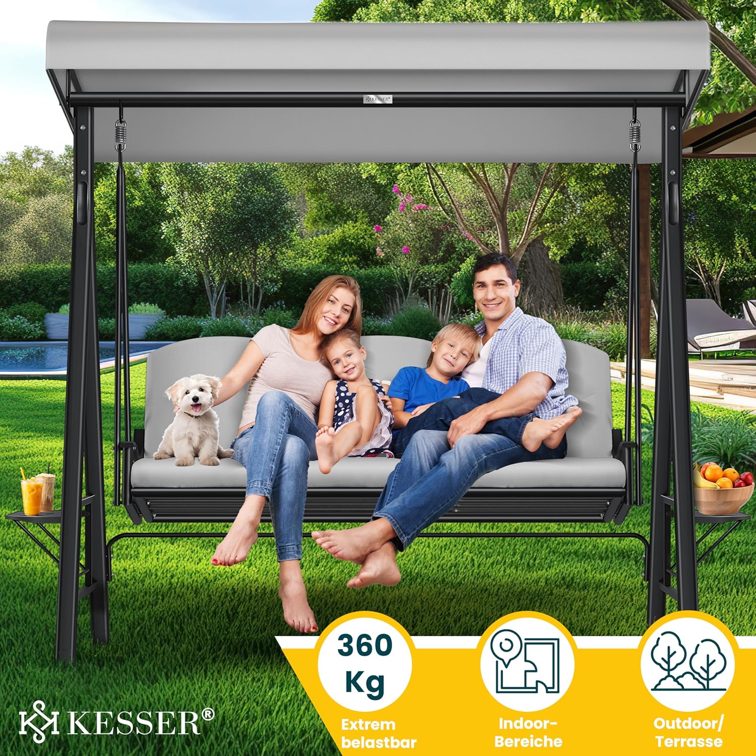 KESSER® Hollywoodschaukel mit Sonnendach 3-Sitzer & Sitzpolster-Auflage | Gartenschaukel bis 360kg belastbar | Gartenliege mit Anti-Rutsch-Füßen | Schaukelbank wasserabweisend für Outdoor & Indoor