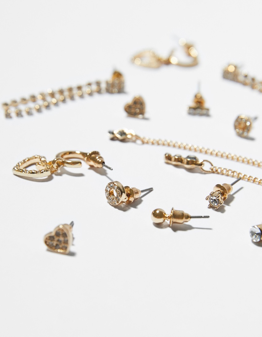Conjunto de 9 brincos pendentes com strass