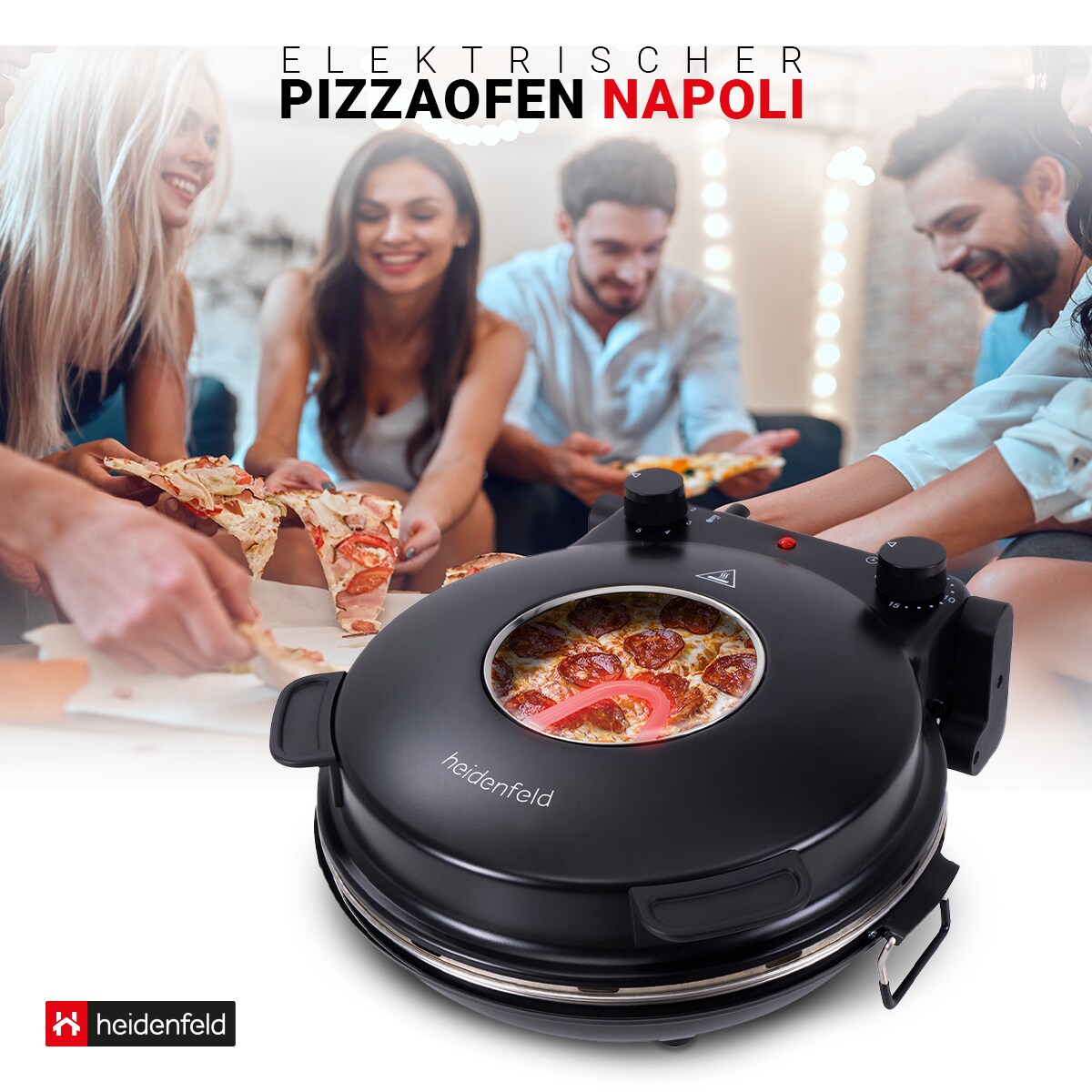Heidenfeld elektrischer Pizzaofen Napoli, 1200 Watt, 400°, Sichtfenster, Pizzastein (Schwarz)