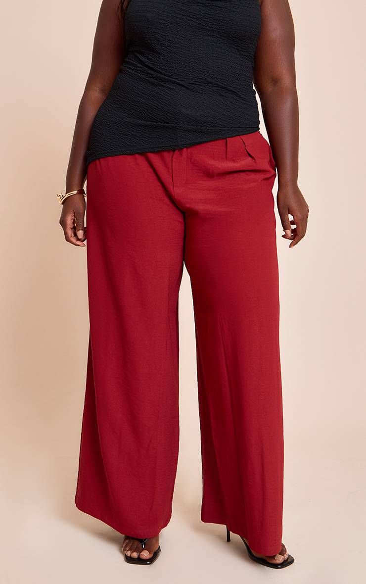 Rouge Profond Pantalon Large À Double Pli En Tissu Fluide Plus