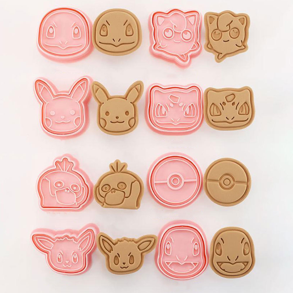 (8er Set) 2in1 Kunststoff Ausstechformen Keksausstecher mit Stempel - Pokémon 2