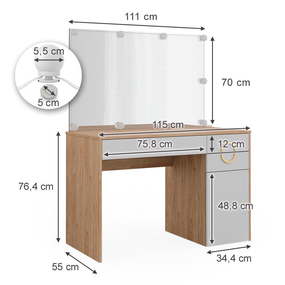 Vicco Schminktisch Adela Natural Rockford Hickory Weiß, 115 x 76 cm Spiegel, LED