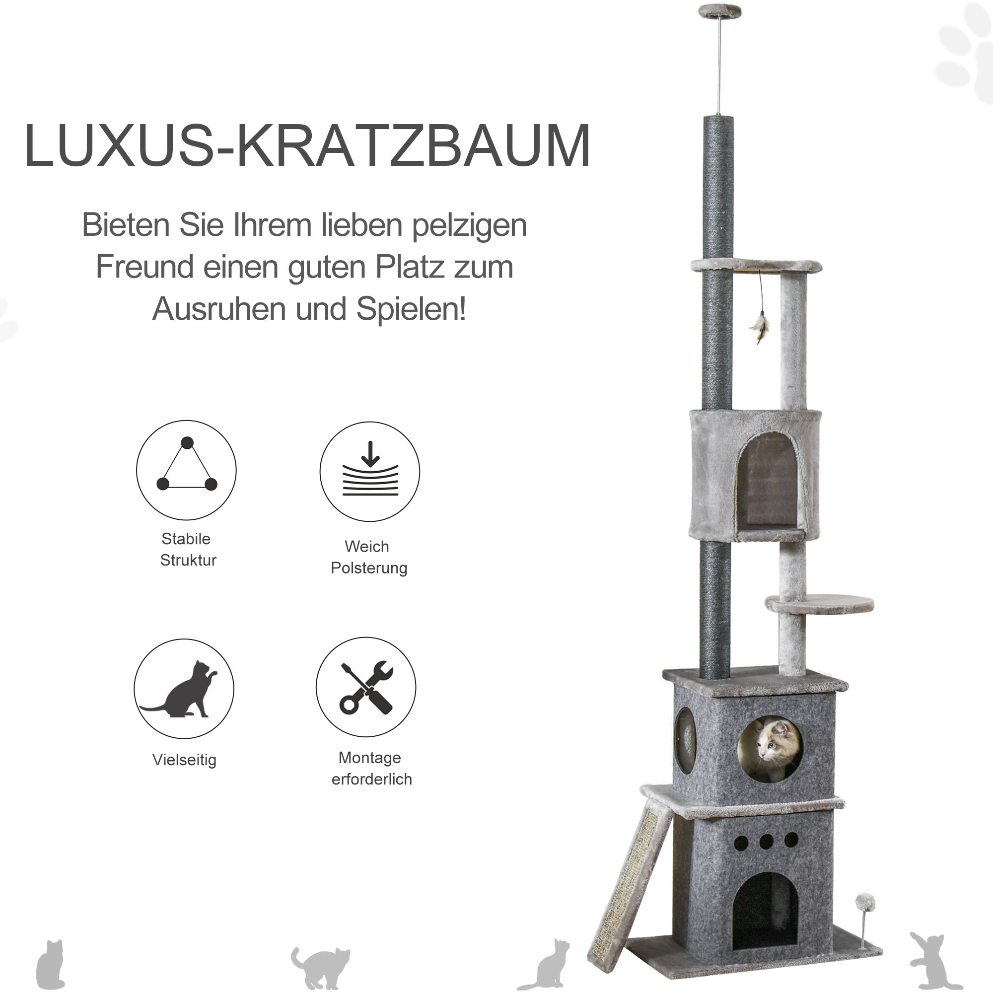 PawHut Kratzbaum Höhenverstellbar und mit Katzenspielzeug grau 60L x 40B x 225-255H cm