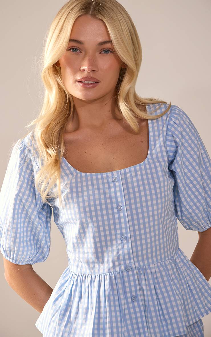 Bleu Ensemble Coordonné Chemisier Vichy En Coton À Manches Bouffantes Boutonné