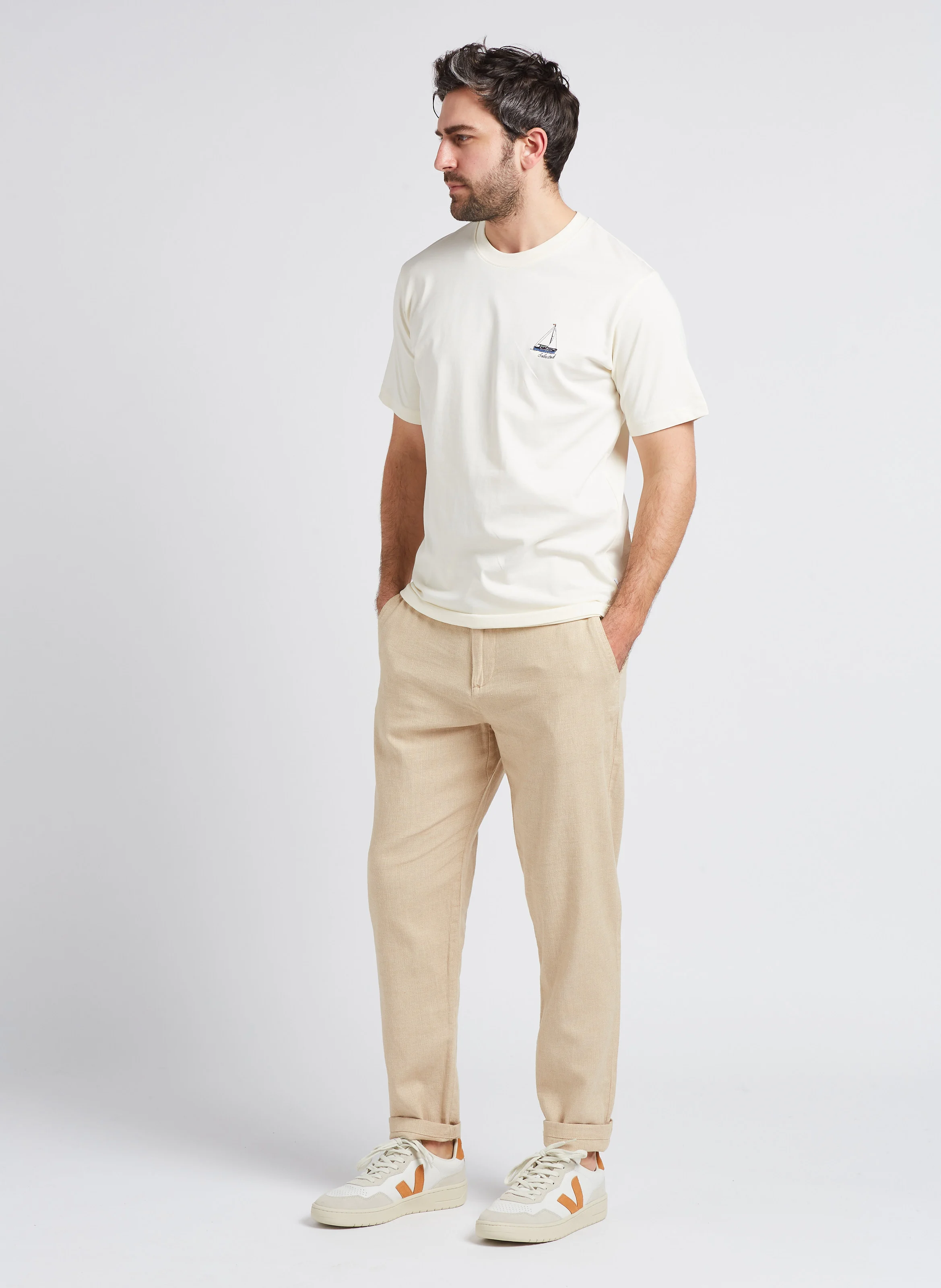 Pantalon droit en coton bio mélangé| Beige