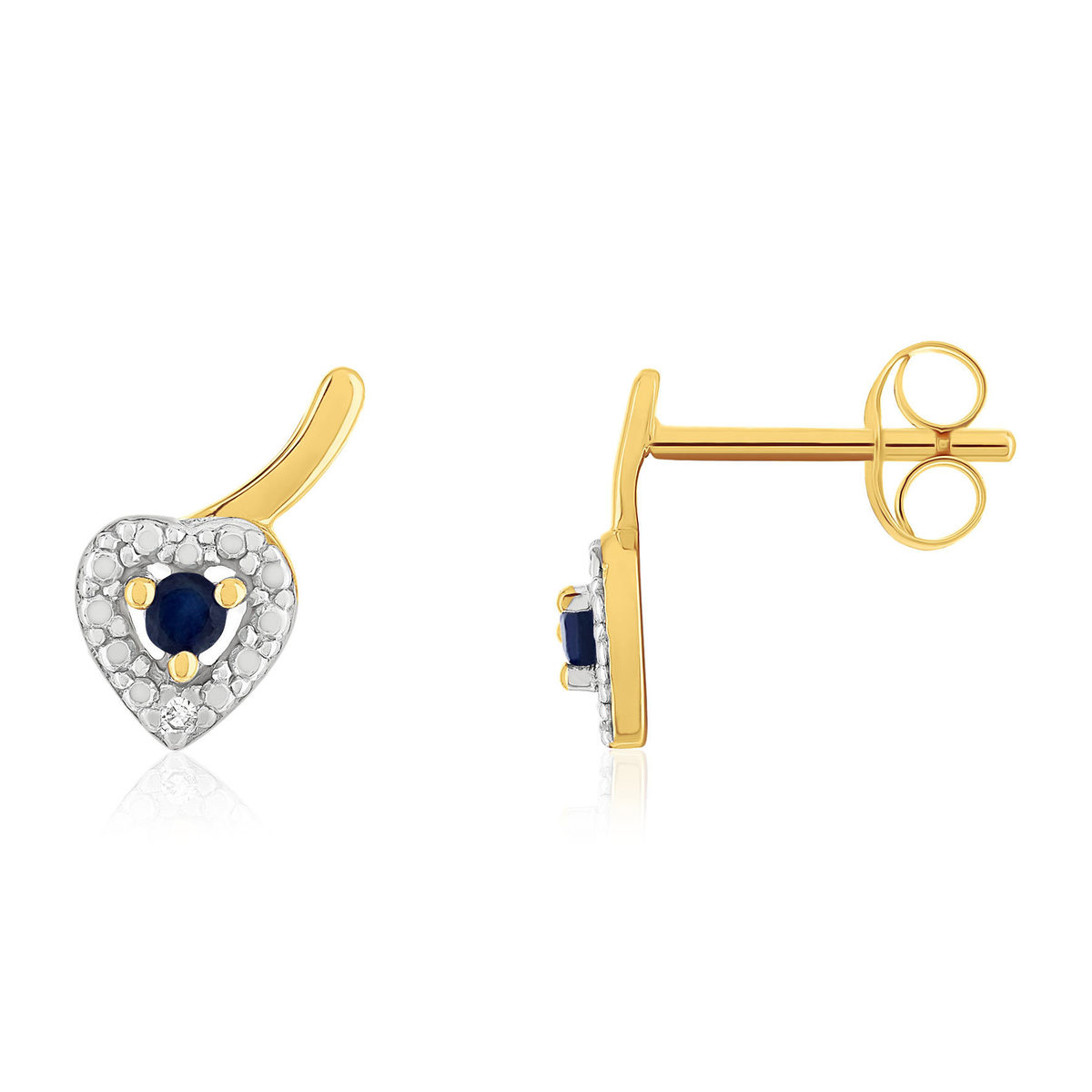 Boucles d'oreilles or 375 jaune coeur saphir et diamants