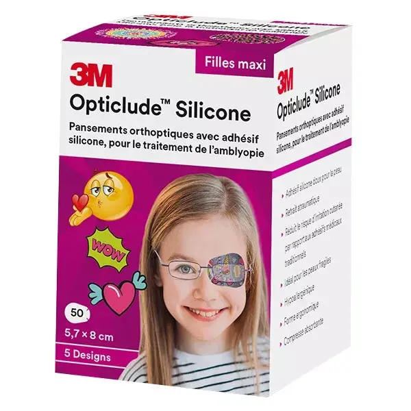 Adesivos ortopédicos de silicone 3M Opticlude para meninas, tamanho maxi, 5,7 cm x 8 cm, 50 unidades.