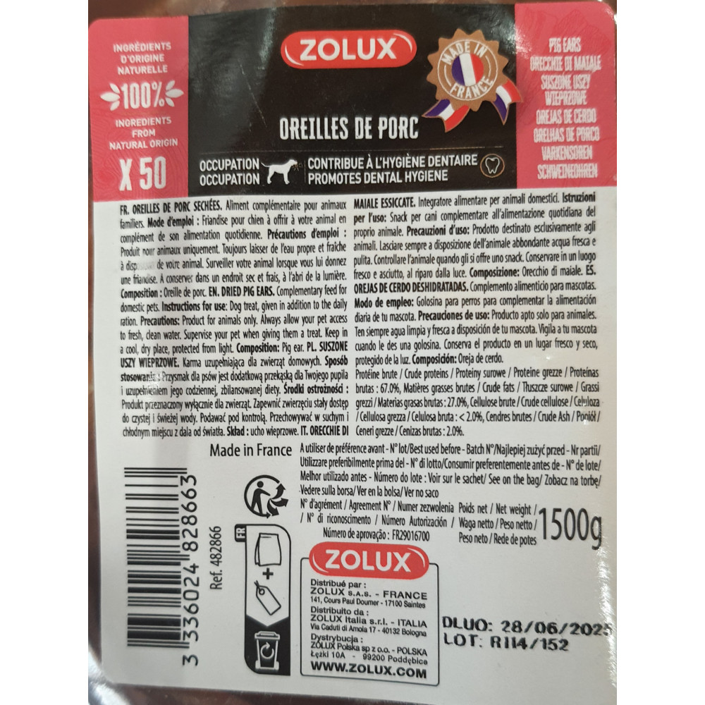 Friandises oreilles de porc sachet de 50 pieces pour chien