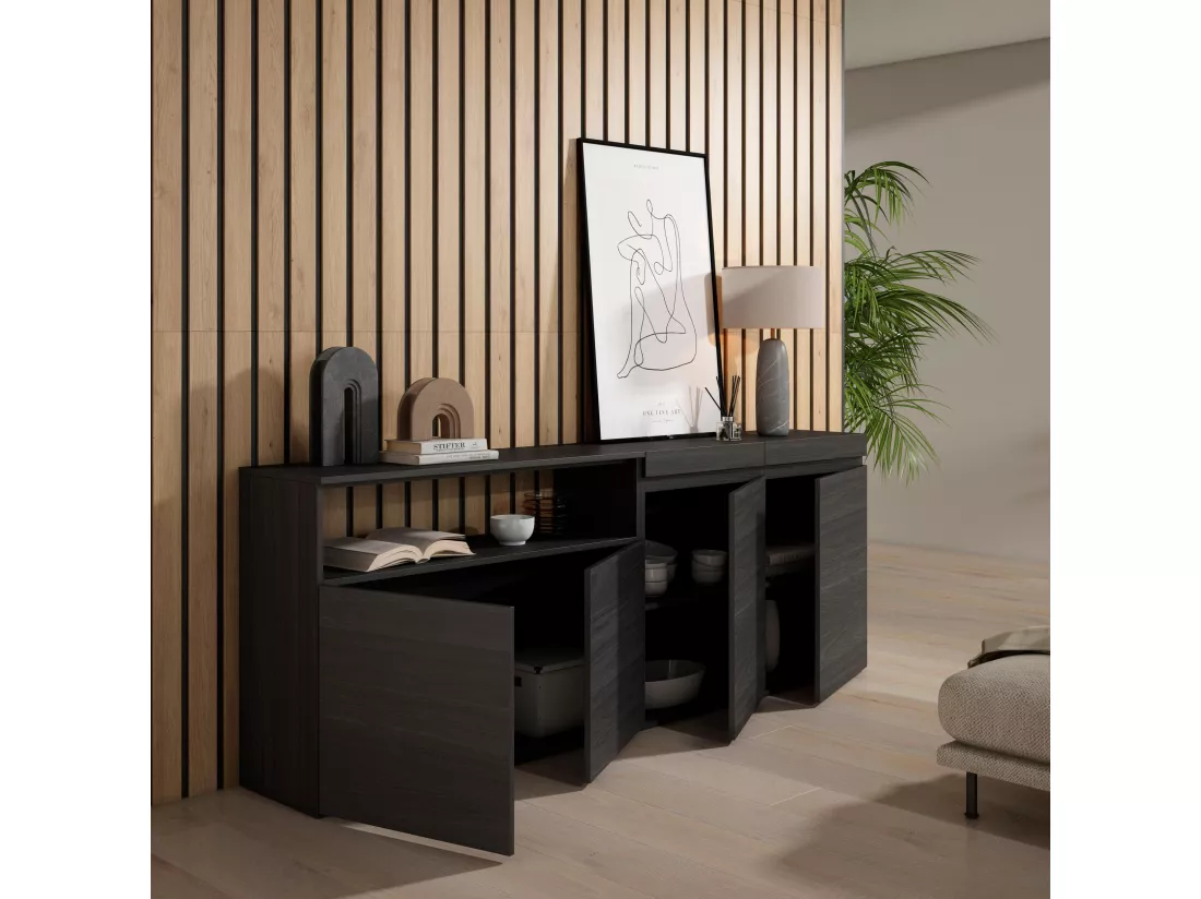Buffet salon et cuisine, 200x75x35cm, 4 Portes, Noir