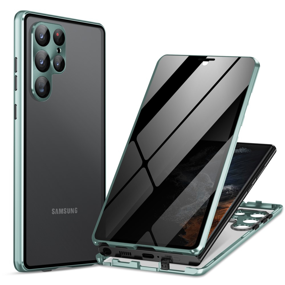 Samsung Galaxy S23 Ultra 5G Magnetische Alu Schutzhülle mit Panzer Glas Backcover   Privacy Display- / Kameraglasschutz (Verschlussmechanismus) - Grün