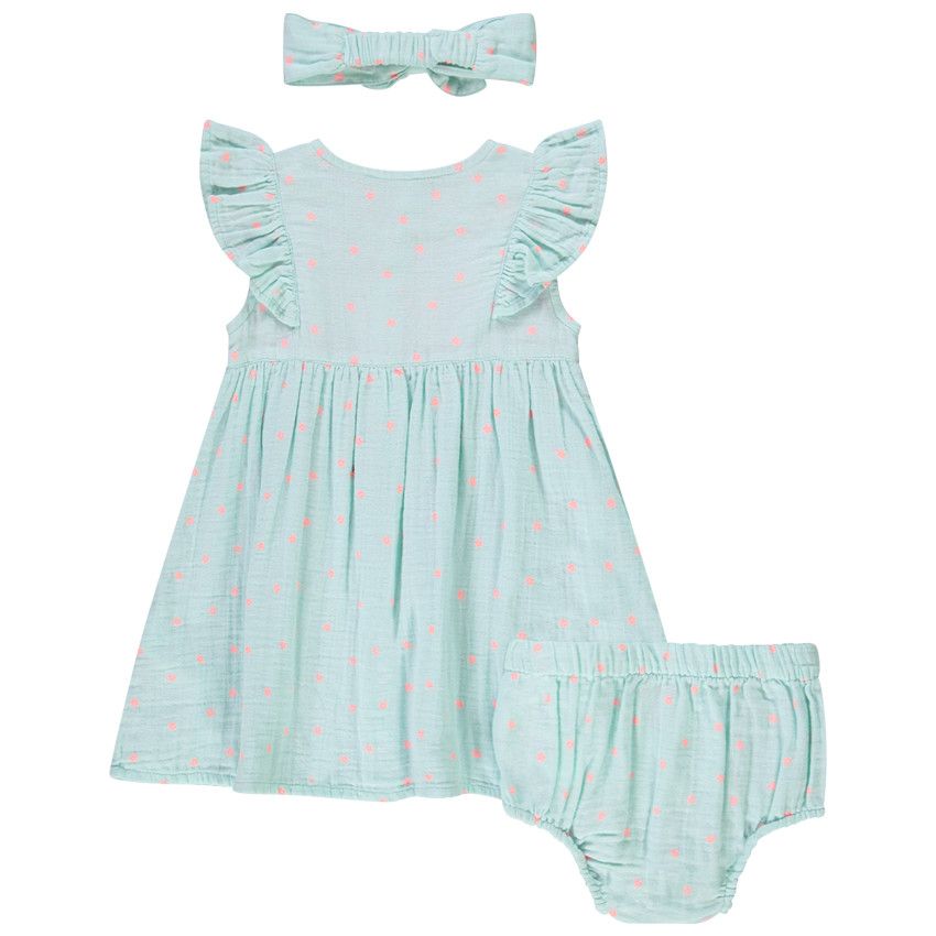 Ensemble 3 pièces robe + bloomer + bandeau à pois pour bébé fille - Bleu
