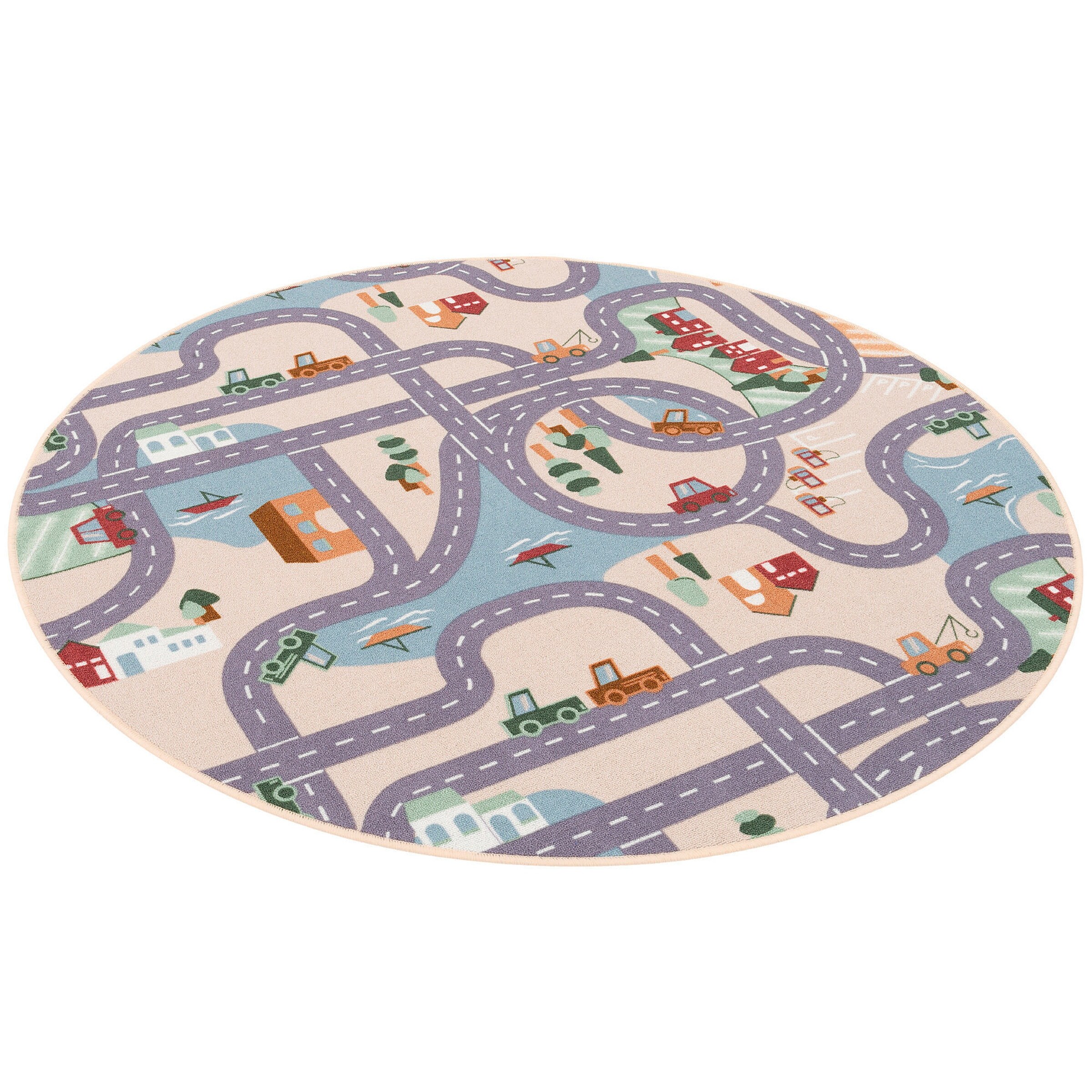 Snapstyle Kinder Spiel Straßenteppich Fun Town Rund Beige Bunt