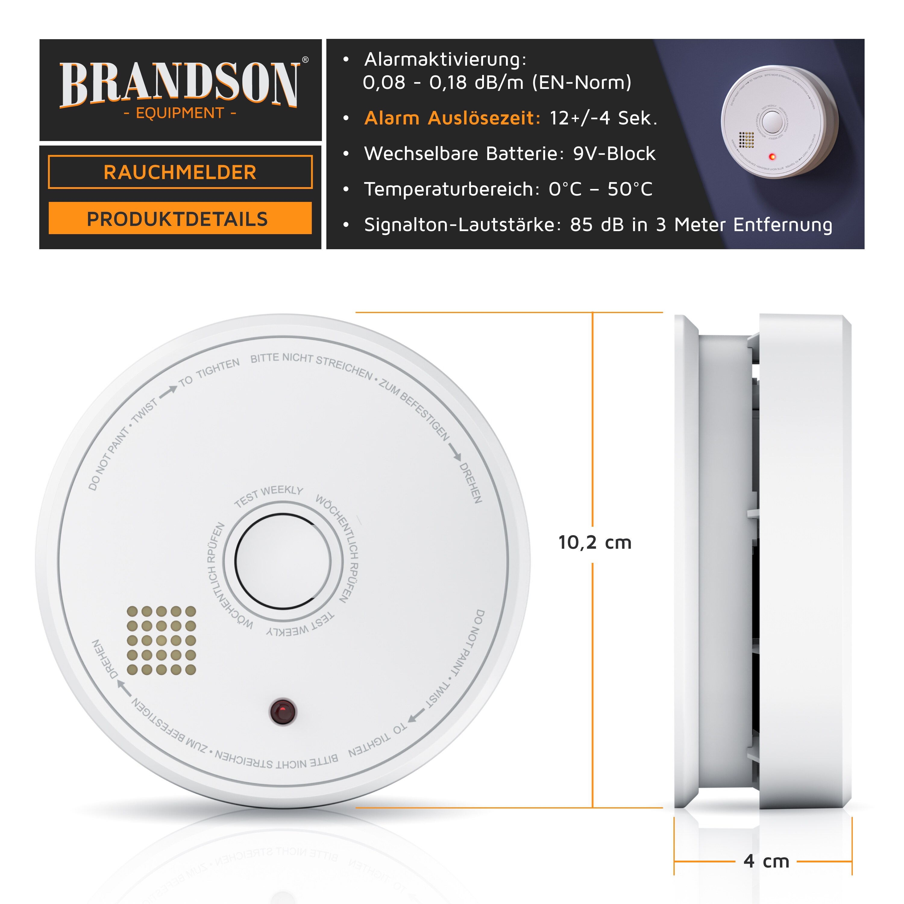 Brandson Rauchmelder 10 Jahre Batterie - 9V Blockbatterie - Smoke Detector - wechselbare Batterie - Gerät wiederverwendbar - DIN EN 14604 2005