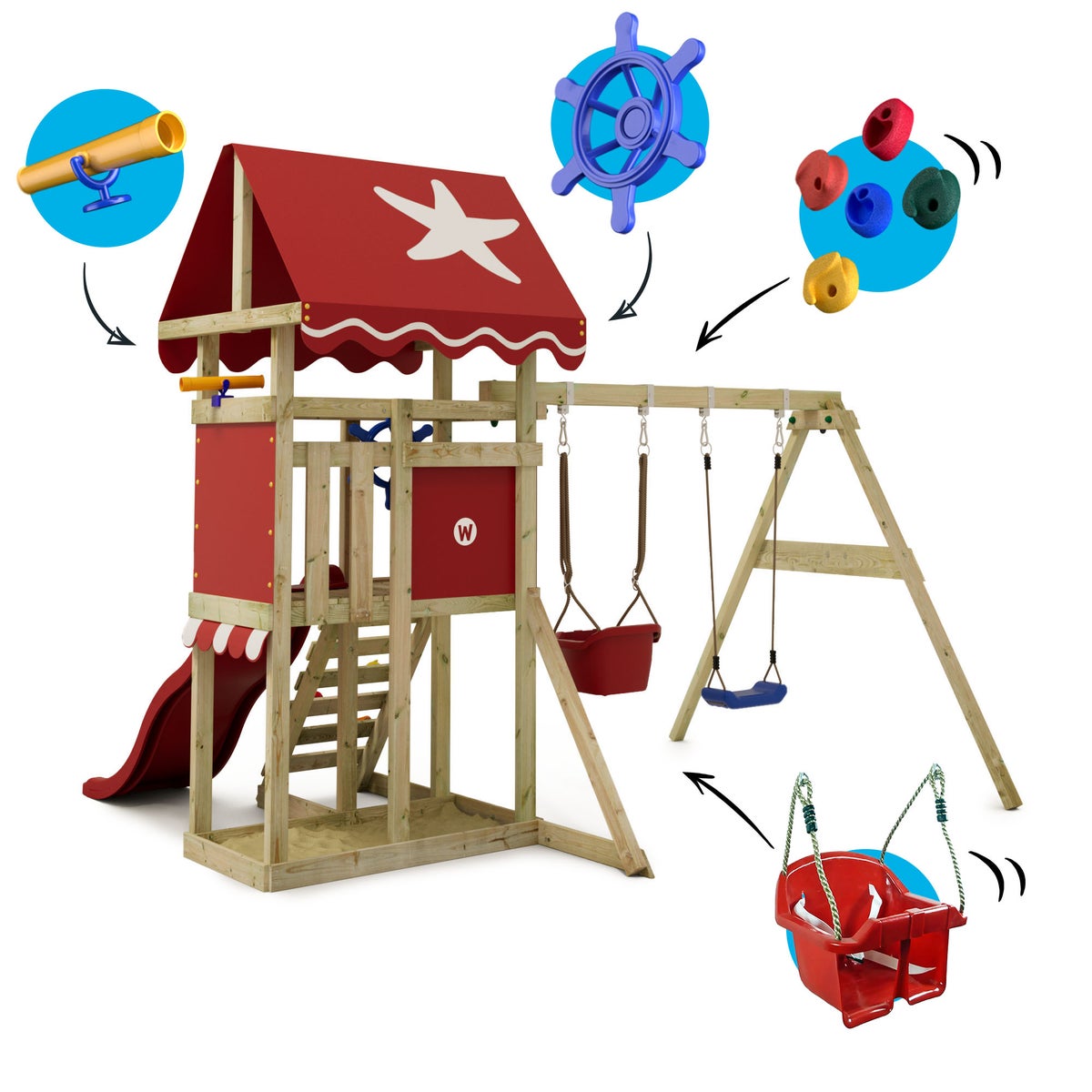 WICKEY DinkyStar Speeltoren Klimrek met Schommel en Glijbaan, Klimtoren met Zandbak, Ladder en Speelaccessoires – Rood