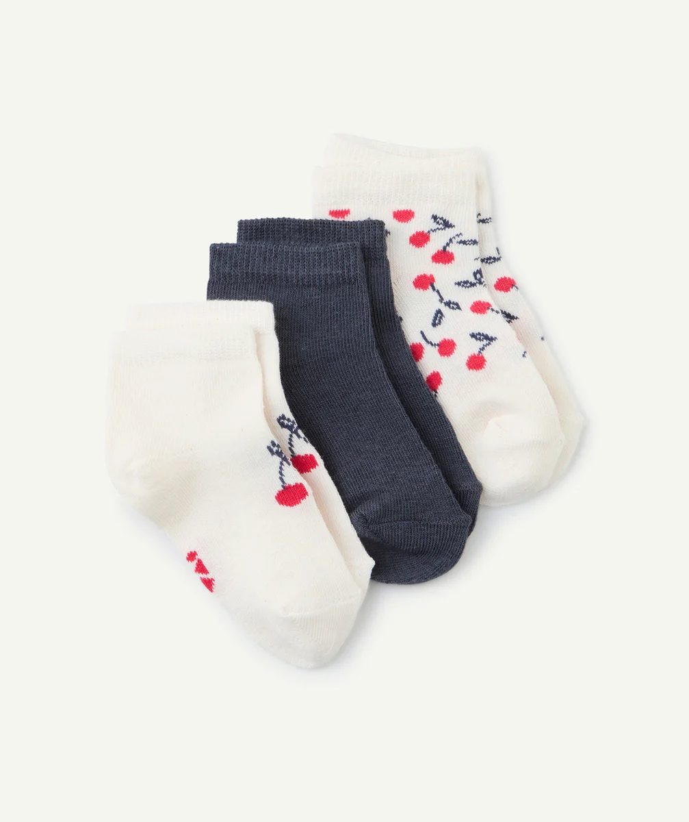 lot de 3 socquettes bébé fille écru et bleu thème cerises