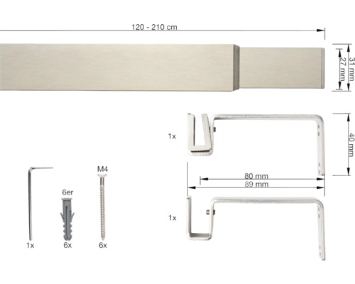 Uitschuifbare gordijnroedeset, staand, RVS-look, 120-210 cm, Ø 27/31 mm