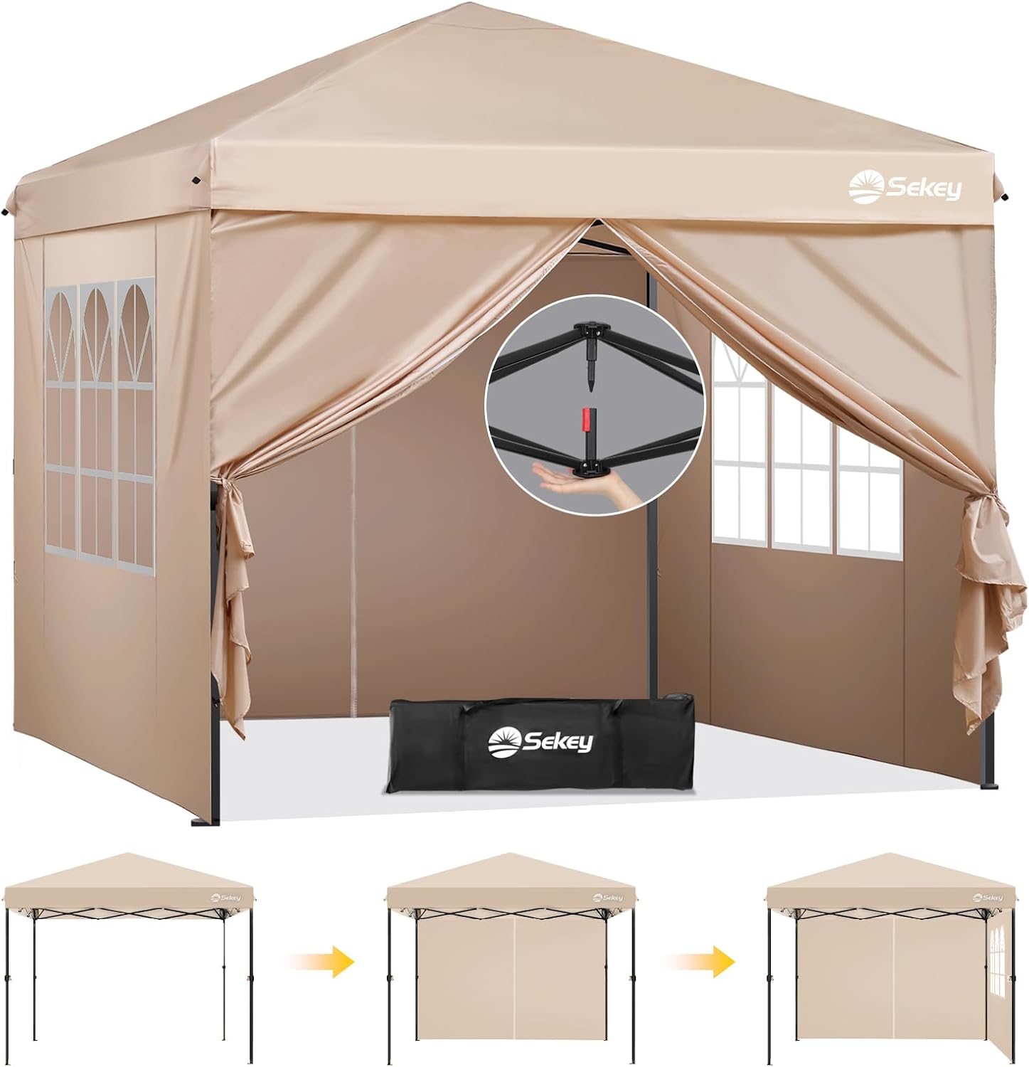 Sekey Premium Pop Up Pavillon 3x3 Wasserdicht Stabil, 3 x 3 m Pavillon mit Seitenwänden, Faltpavillon Partyzelt Faltbar für Camping Party, Höhe Verstellbar 250-270cm, (Khaki, Mit Seitenwänden)