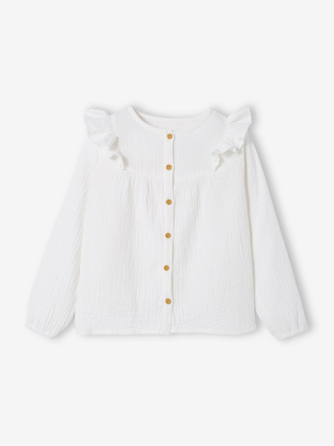Blusa de chiffon de algodão com babados, para menina de pele cor de barro.