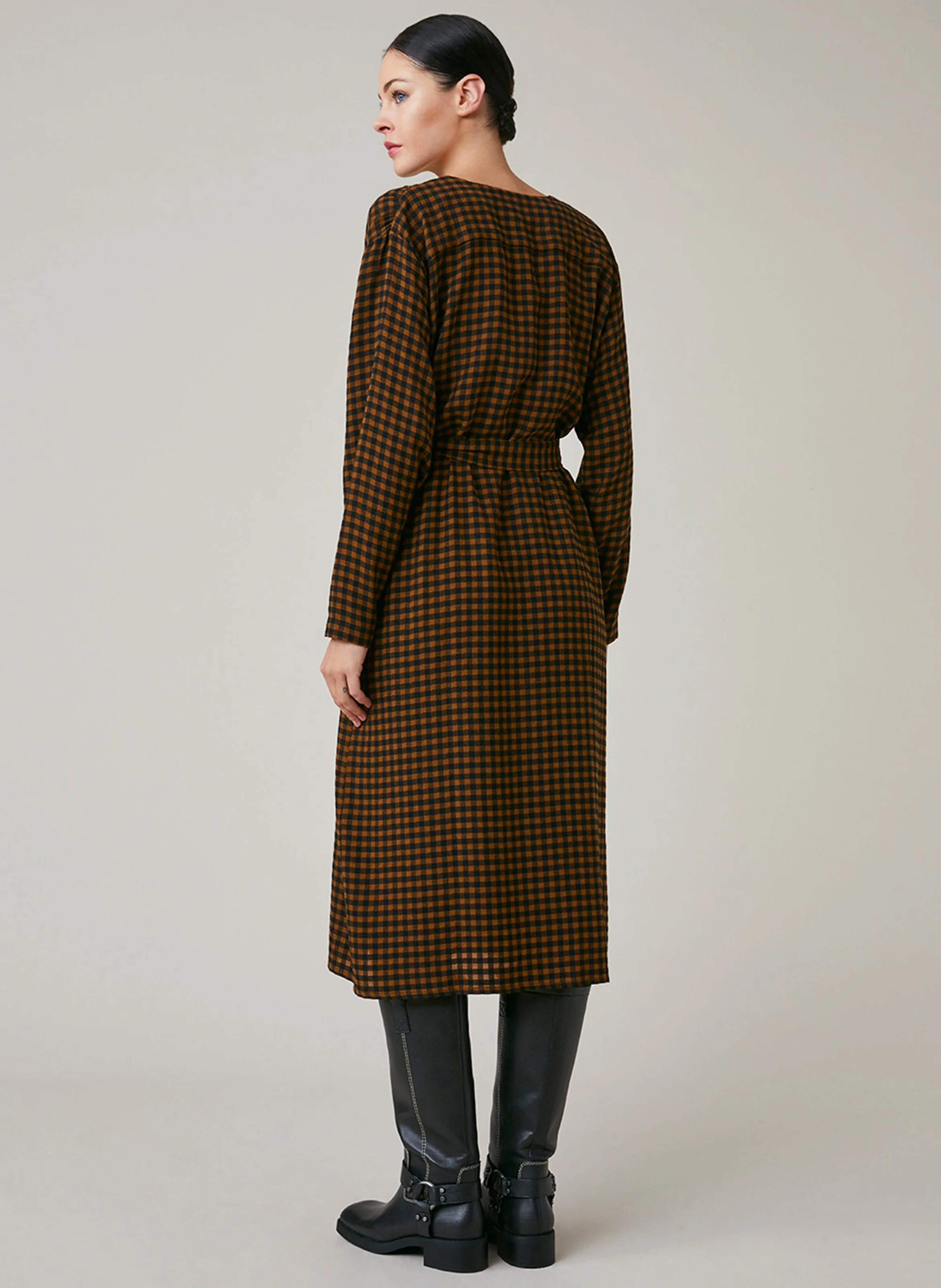 FLORE - Robe midi col V à carreaux | Marron