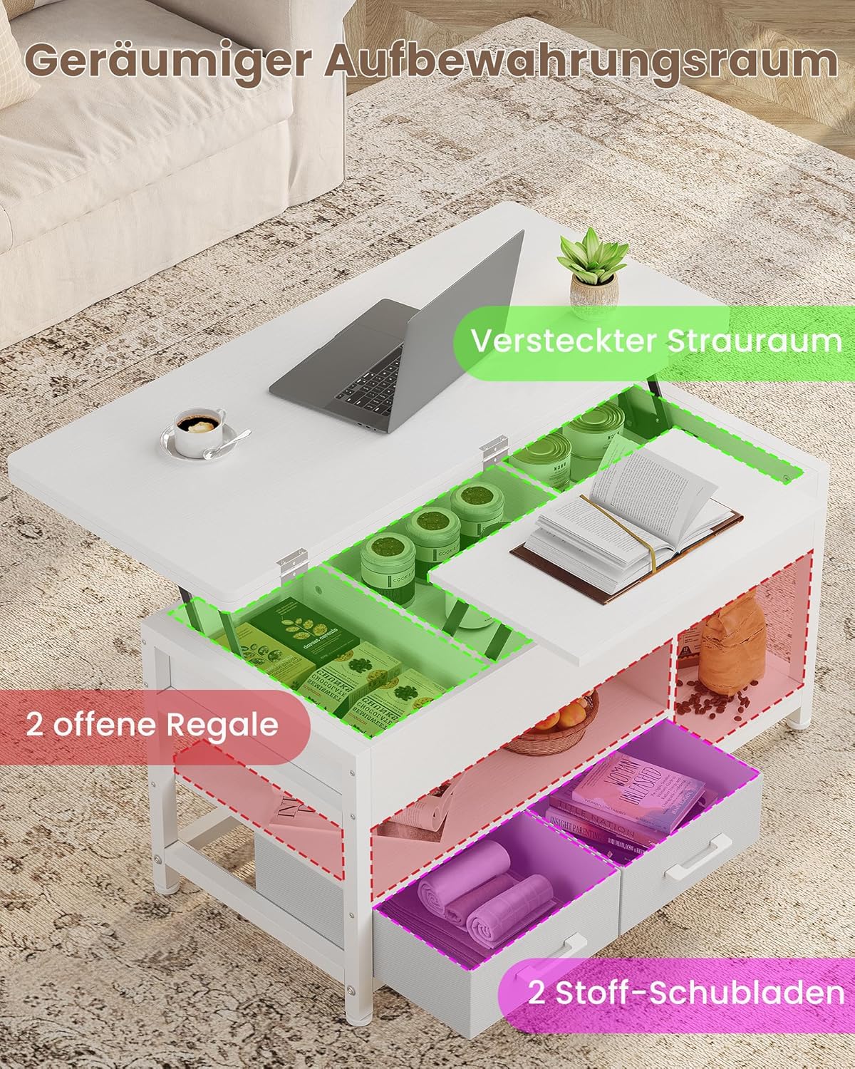 Couchtisch Höhenverstellbar, 3-in-1-Multifunktions-Wohnzimmertisch, Couchtisch mit 2 Schubladen, Kaffeetisch, Versteckte Aufbewahrung, Offenes Fach, Als Esstisch nutzbar, für Wohnzimmer, Büro, Weiß