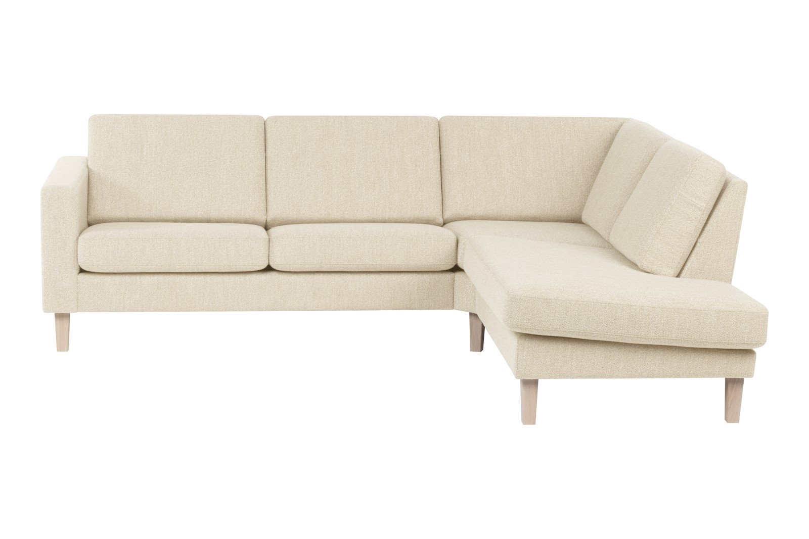 Slogen hjørnesofa Oppsett AH. 2,5-seter med åpen ende høyre. Tekstil Viva Marble med standard ryggpute. Vange B og hvitpigmentert ben 178.
