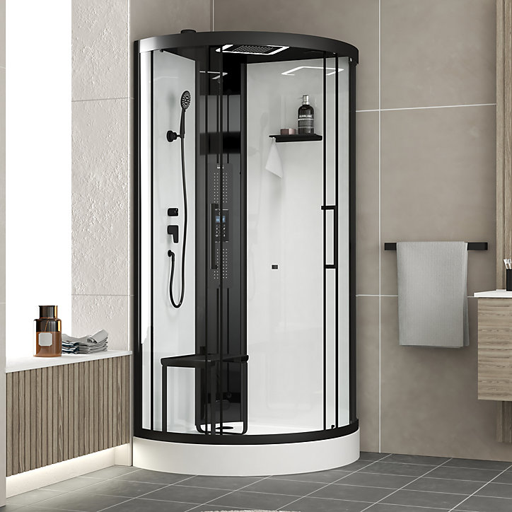 Cabine de douche hydrommassante connectée quart de cercle 95 x 95 cm, noir et blanc, Galedo Hammam Round